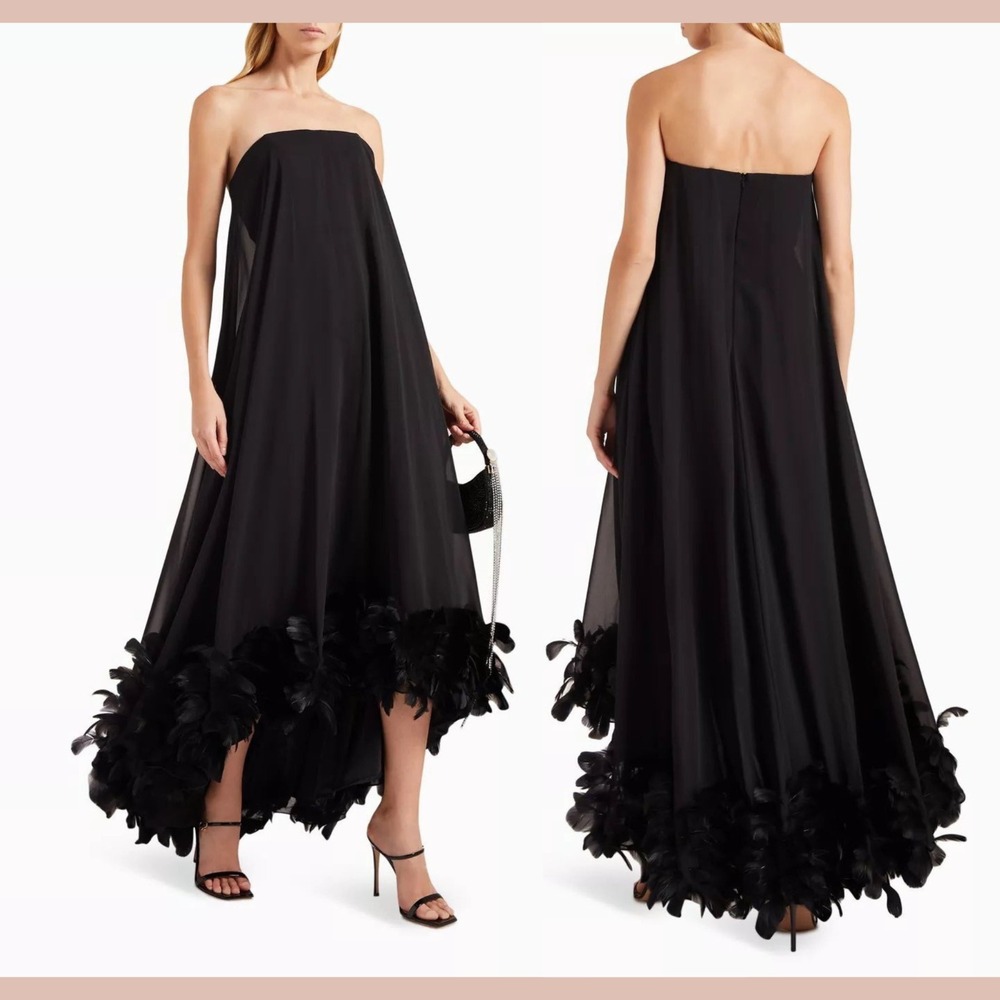 NEW Mac Duggal [ 8 ] 13001 Strapless Flare Feather Hem Gown Black #J2455